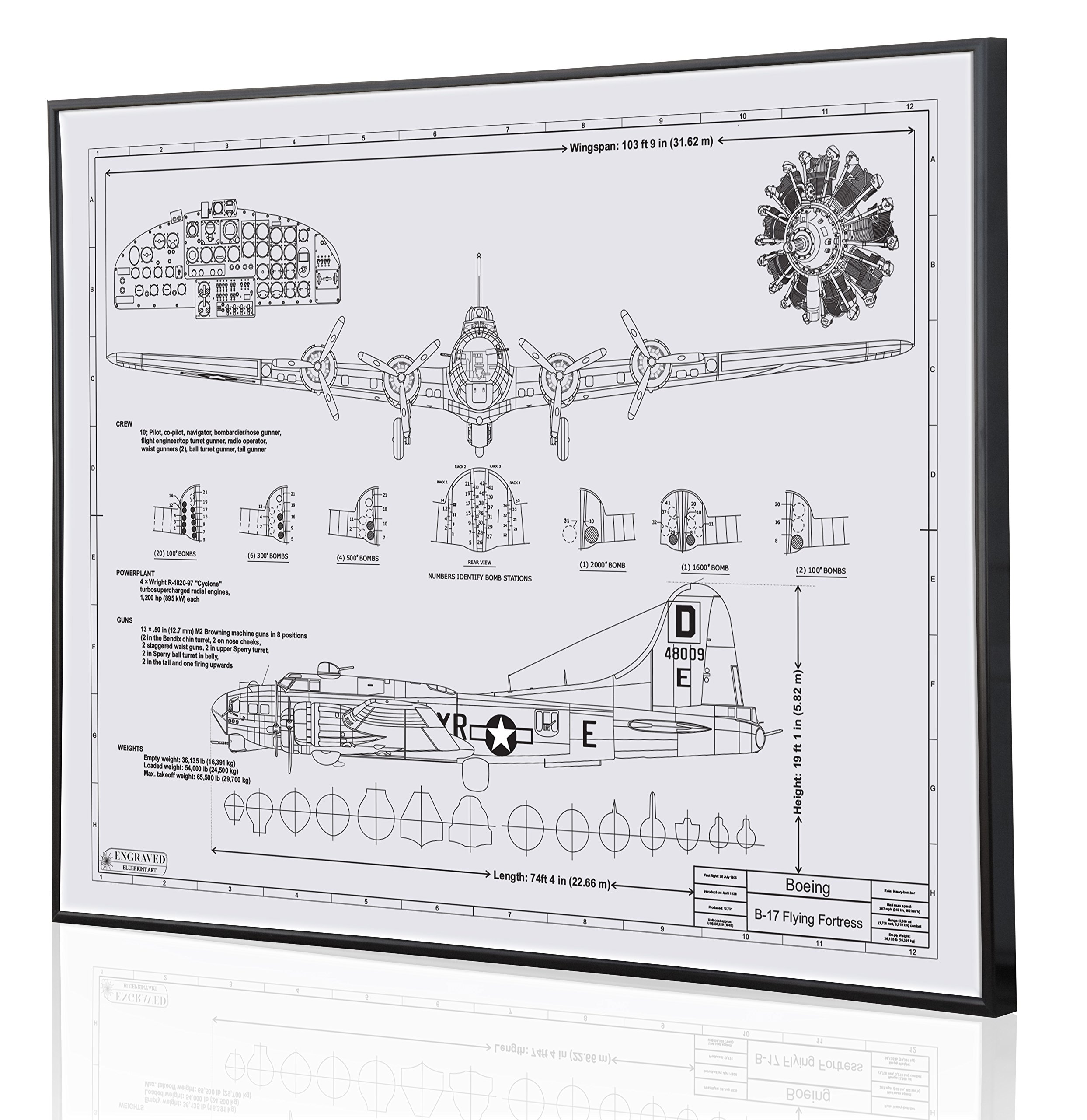 Authentic Boeing B-17 Flying Fortress Blueprint Art - Laser Engraved Custom Aviation Decor - Perfect Pilot Gift for Home Office & Man Cave