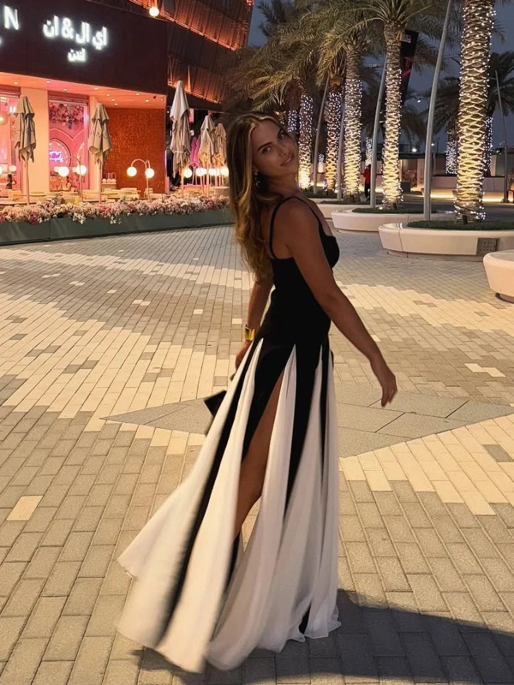 Elegant Women's Contrast U-Neck Sleeveless Backless Maxi Dress with High Slit - A-Line Summer Dress for Beach, Party & Evening Wear 2025