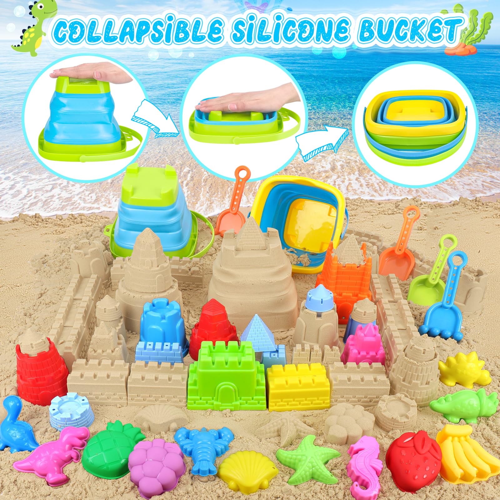 Collapsible Beach Toys Set for Kids & Toddlers - 12-Piece Sand Castle Building Kit with Mesh Storage Bag, Bucket, Shovel & Molds - Perfect for Beach, Sandbox & Outdoor Play - Best Gift for Boys Girls Ages 3-12