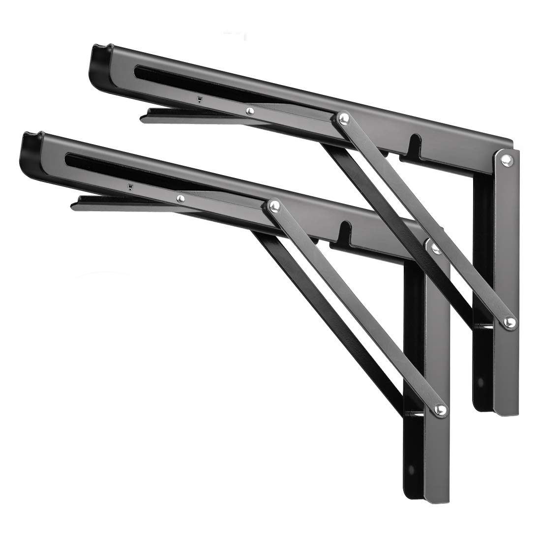 8 Inch Heavy Duty Folding Shelf Brackets - Black Collapsible Metal Wall Mount Shelving for Tables & Workbenches (Max Load 132 lbs) | Space Saving DIY Triangle Brackets for Garage, Kitchen & Home Organization