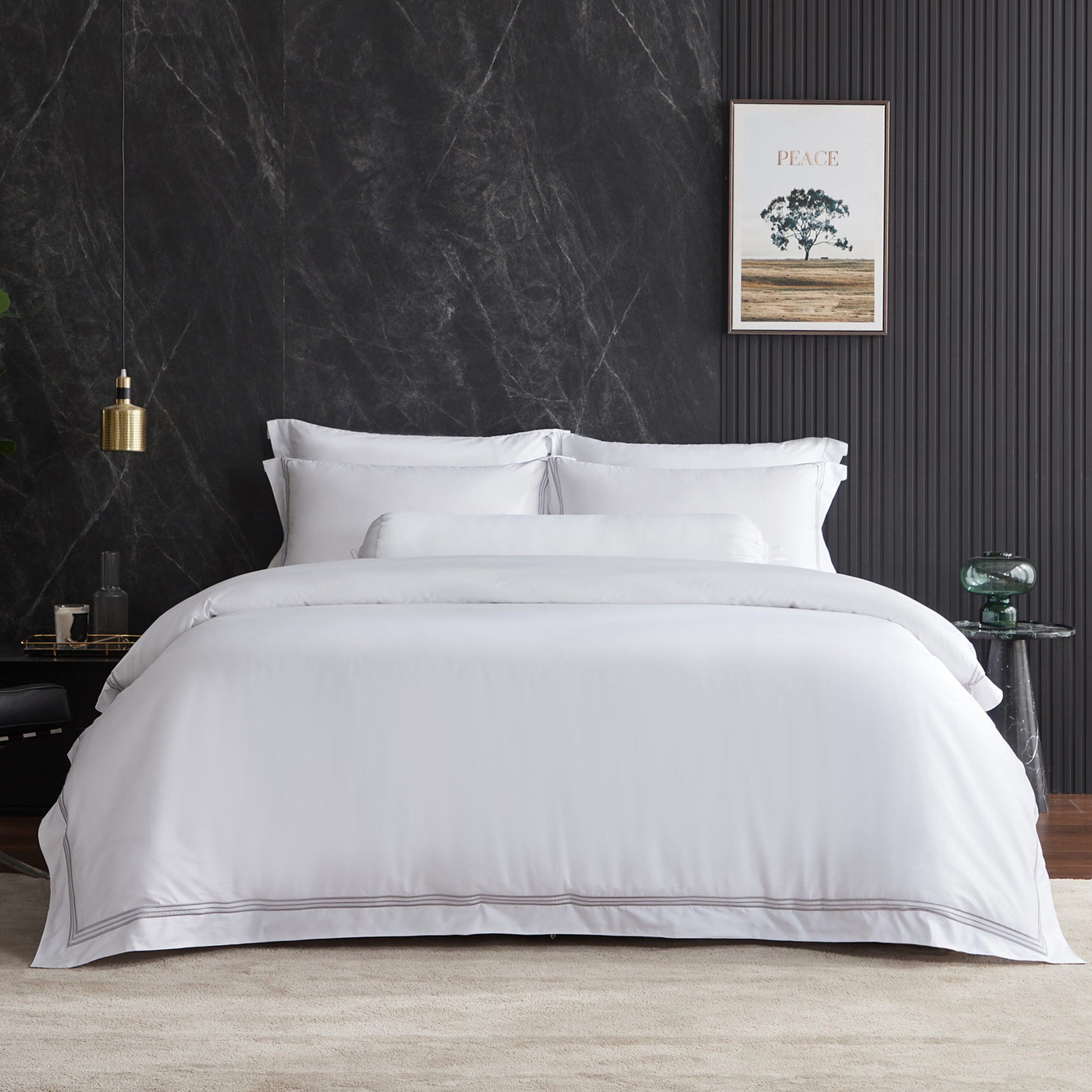 Prestigio™ Lucent White with Grey Border Fitted Sheet Set - Hotel Quality Luxury Bedding for Home, Dorm, or Airbnb - Soft & Breathable for Ultimate Comfort