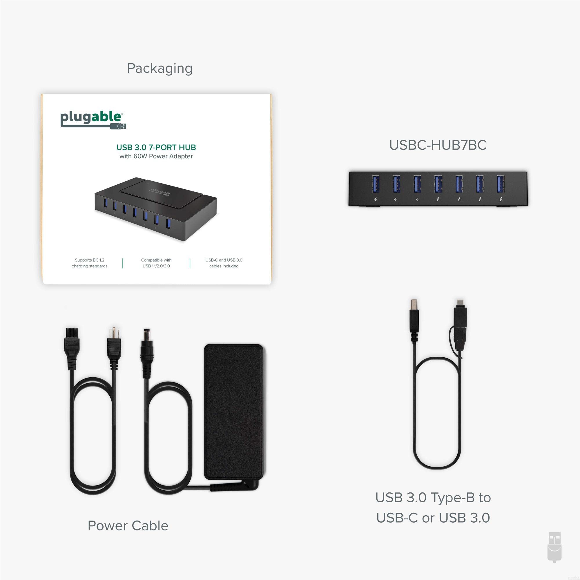 Plugable 7-in-1 USB C Hub with 60W Power Delivery - USB 3.0 Hub for Laptop, MacBook, iPad Pro | Multi-Port Adapter for Charging, Data Transfer & External Devices | Perfect for Home Office, Travel & Workspace Setup