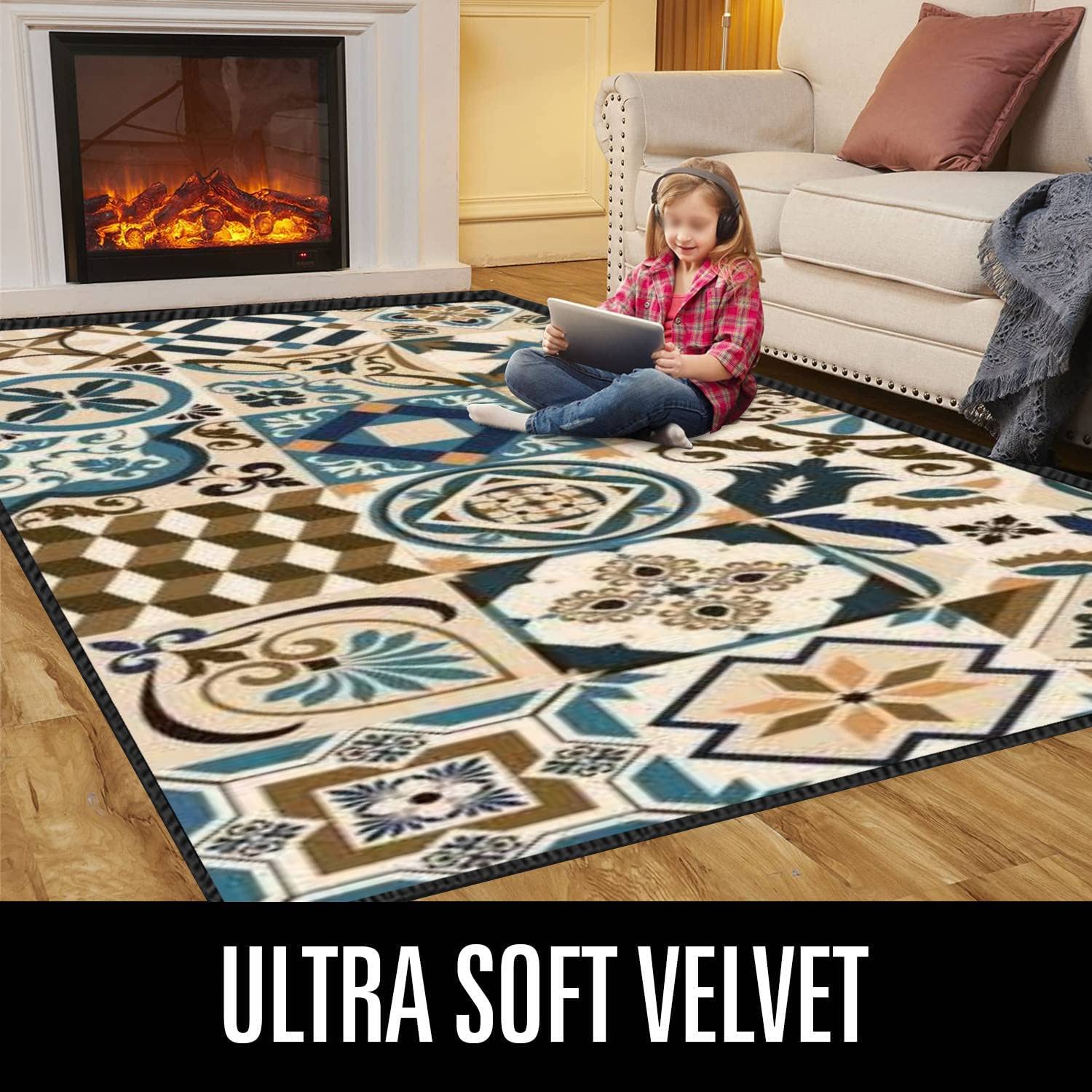 Lisbon Geometric Azulejo Tile Area Rug - Portuguese & Spanish Retro Design, Modern Abstract Soft Non-Slip Floor Carpet for Living Room, Bedroom, Kids Room | Indoor/Outdoor Use in Home Decor