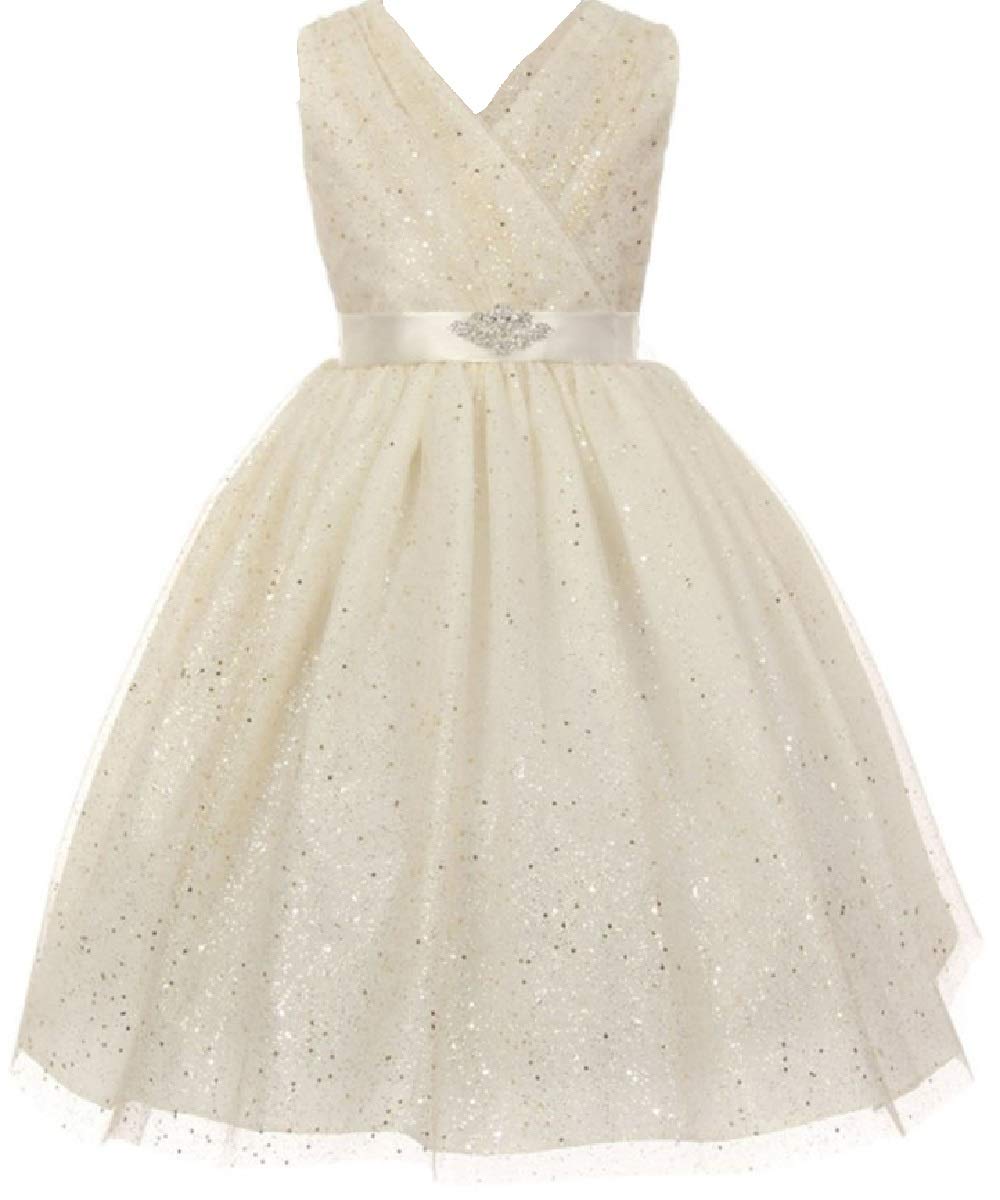 Sparkly V-Neck Rhinestone Flower Girl Dress for Toddlers & Little Girls - Perfect for Birthday Parties, Pageants & Special Occasions