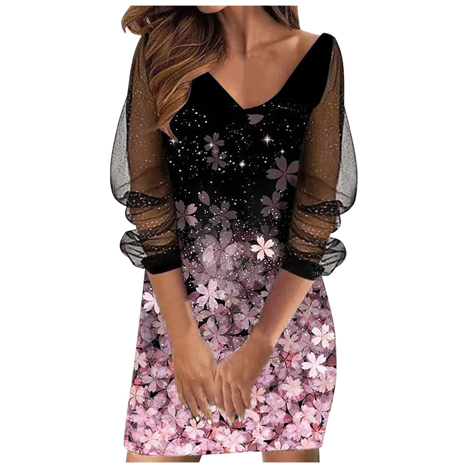 Elegant Tulle Long Sleeve V-Neck Floral Print Short Dress for Women - Perfect for Wedding Guest, Party, Date Night & Special Occasions