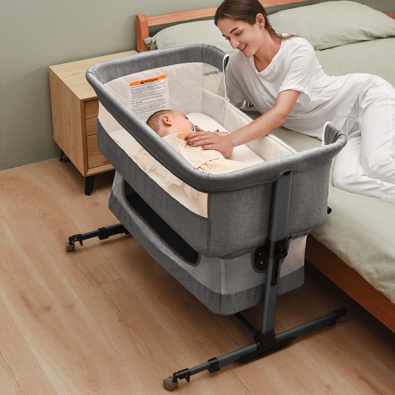 3-in-1 Adjustable Portable Baby Crib & Bassinet - Convertible Bedside Sleeper for Newborns & Infants (Grey) | Nursery, Travel & Co-Sleeping Essential
