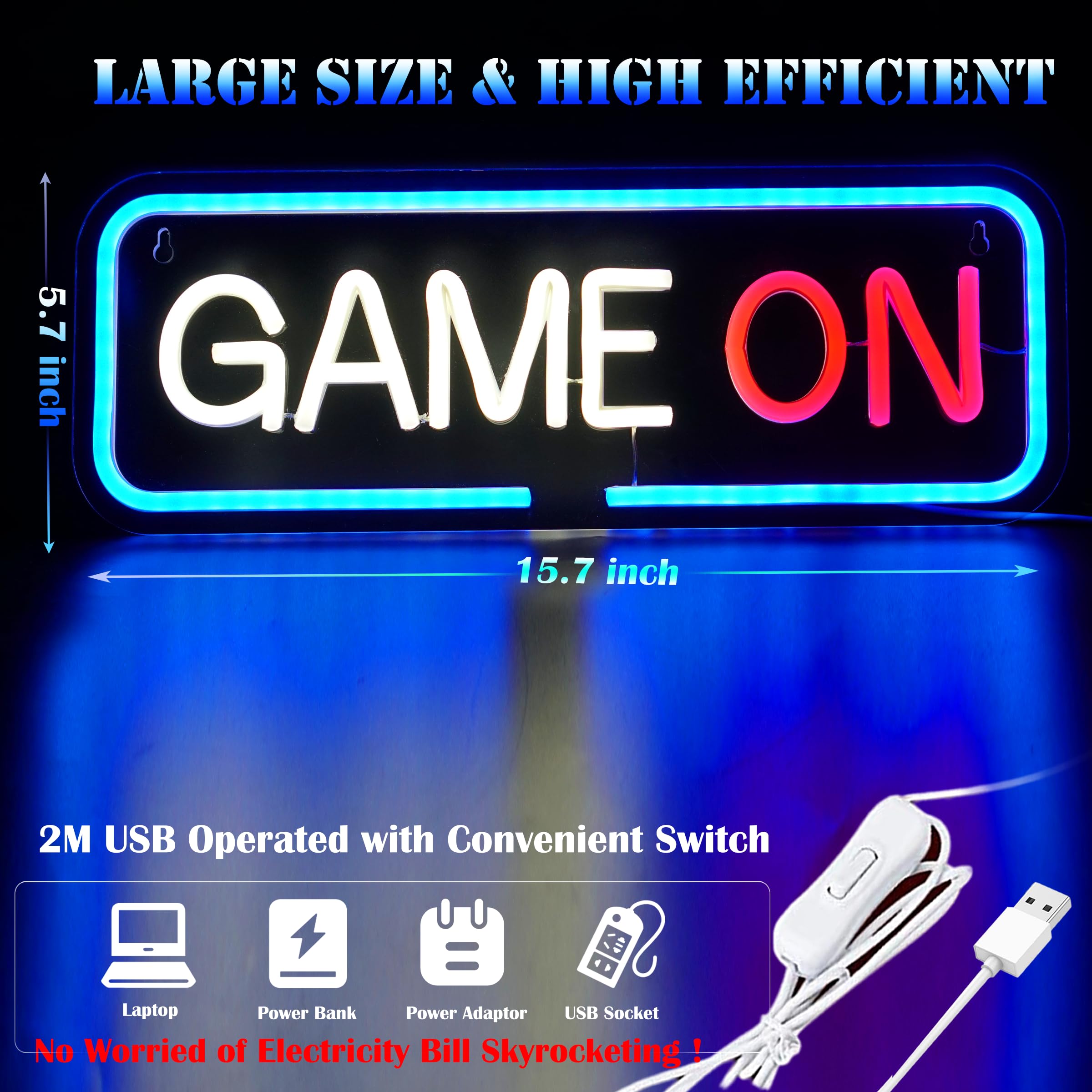 Game On LED Neon Sign Lights - USB Powered Wall Decor for Video & PC Gaming Room, Man Cave, Teen Bedroom - Perfect Gamer Gift, Party Lights & Game Accessories