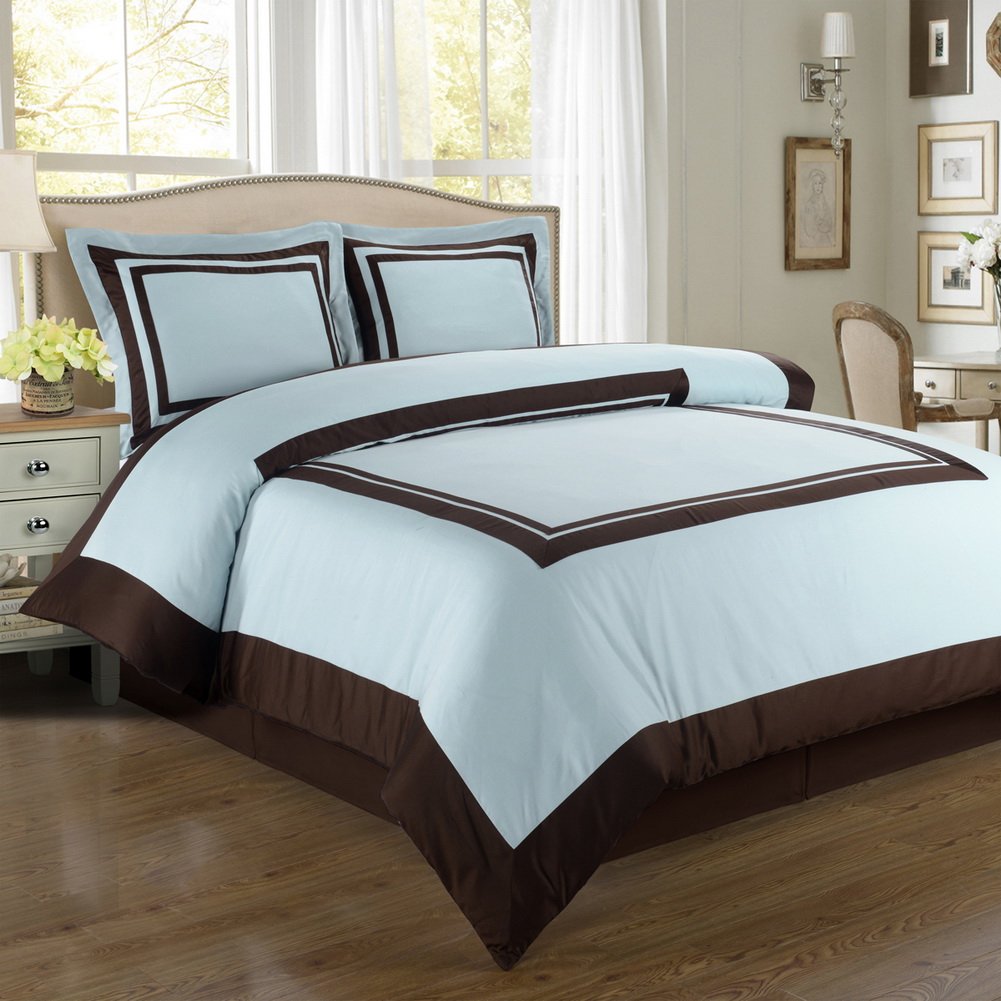 Luxury Egyptian Cotton Duvet Cover Set - Full/Queen Size (3PC) - Hotel Blue & Chocolate - Soft Breathable Bedding for Master Bedroom or Guest Room