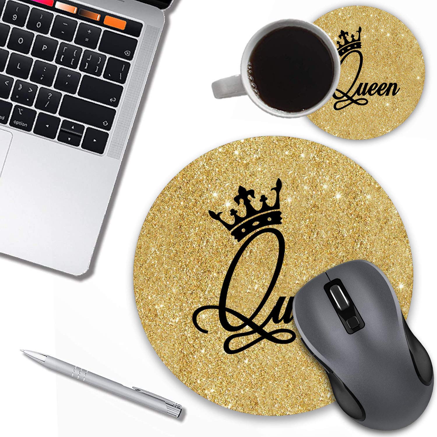 Gold Glitter Crown Queen Design Round Mouse Pad with Coasters Set - Non-Slip Rubber Base for Laptop & Computer - Perfect for Office, Gaming & Home Workspace Accessories