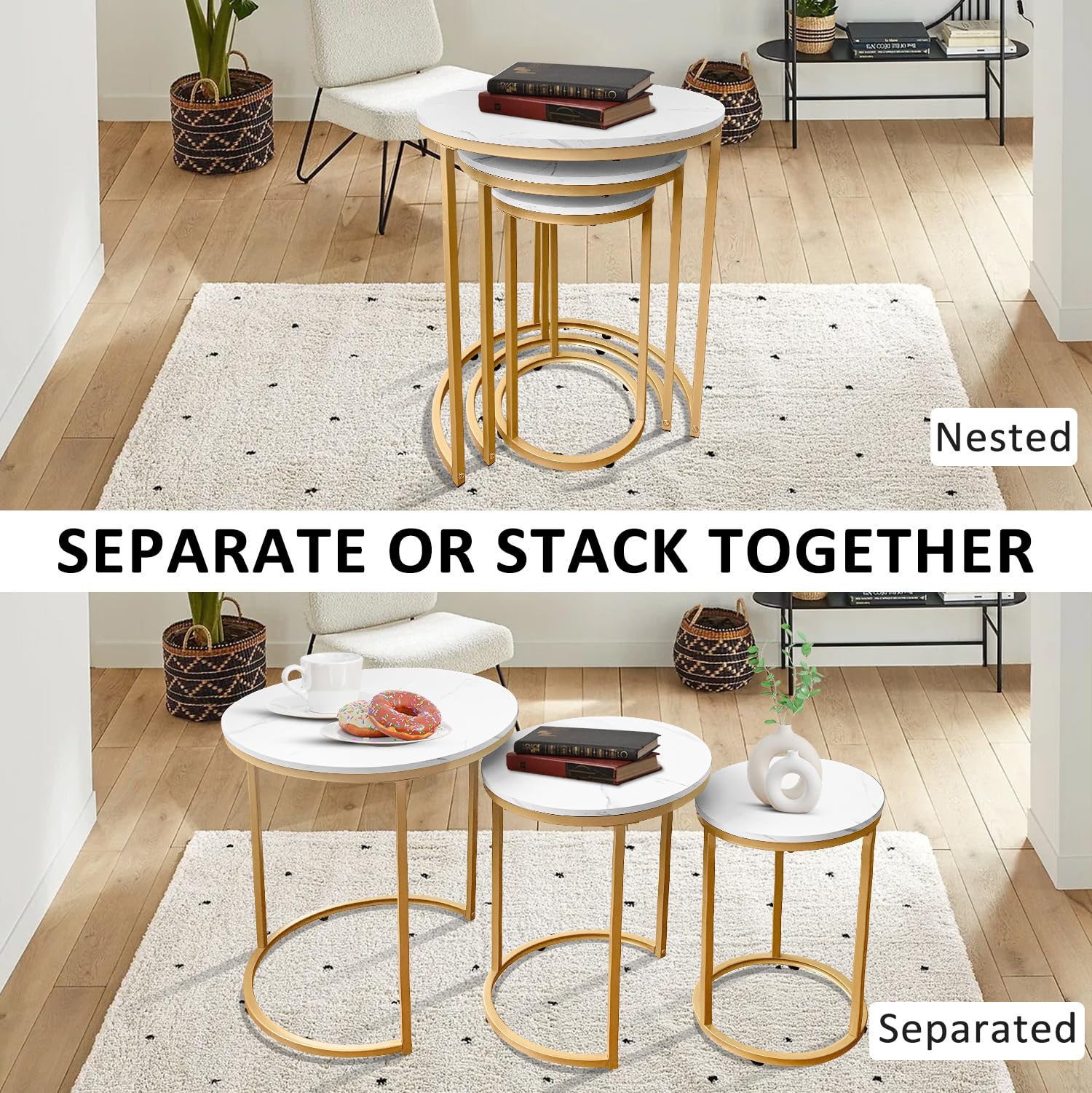 AT-VALY 3-Piece Round Nesting Coffee Table Set - Small Accent Side Tables for Living Room, Bedroom & Apartment (Gold) | Space-Saving Modern Home Decor for Small Spaces & Studio Apartments