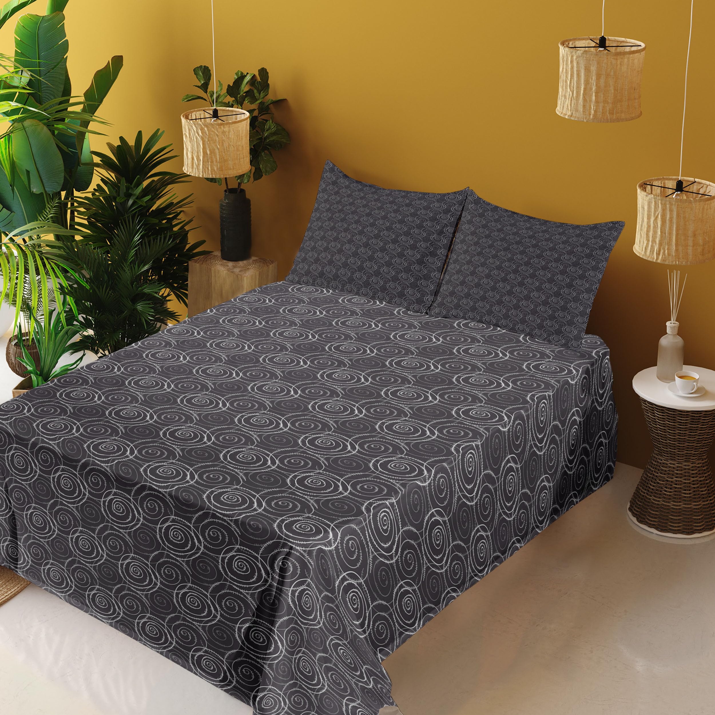 Ambesonne Abstract Sheet Set - Modern Hand Drawn Whirlpool Print 4-Piece Bedding Set (King Size, Dark Purple & Pale Grey) for Luxury Bedroom Decor & Guest Room Essentials