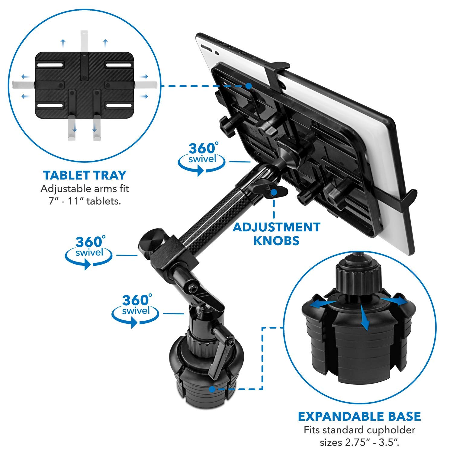 Premium Car Cup Holder Tablet Mount - Heavy Duty Carbon Fiber ELD Holder for iPad 7, Galaxy Tab & Fire Tablets | Secure Dashboard Stand for Truck Drivers, Delivery & Rideshare (MI-7321)