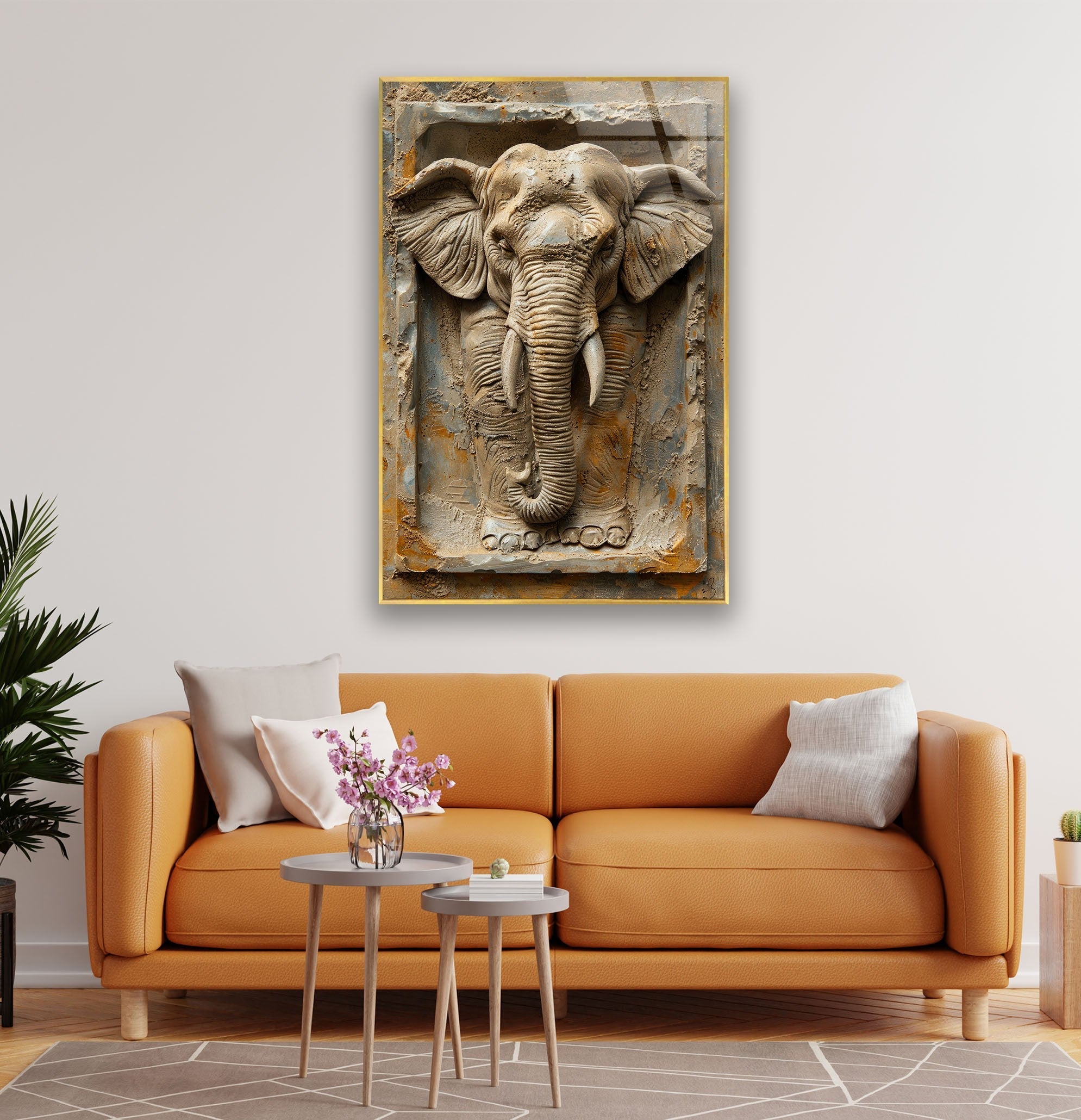3D Elephant Stone Art Glass Wall Decor - Handmade Modern Home Decor for Living Room, Bedroom, Office - Unique Gift Idea for Animal Lovers