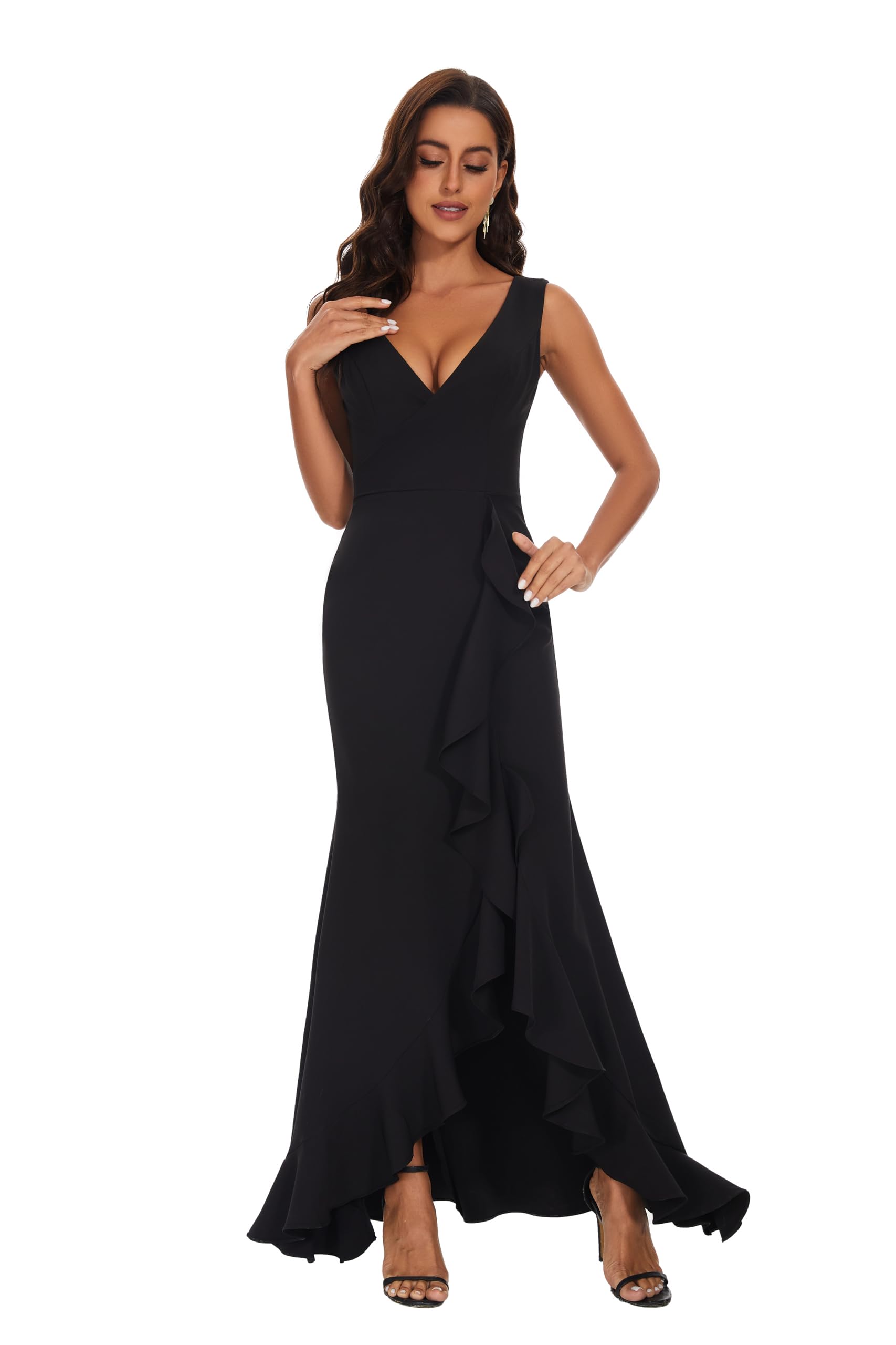 Elegant Black Long Sleeveless V-Neck Ruffle Maxi Dress for Women - Perfect for Weddings, Bridesmaids & Cocktail Parties | Formal Evening Gown for Special Occasions
