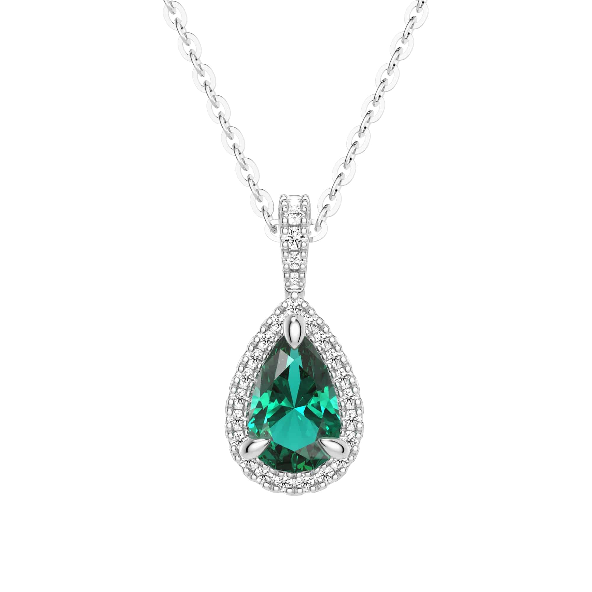 1 CT. Pear Shaped Emerald Pendant with Pavé Diamond Halo - Elegant Green Gemstone Jewelry for Women, Perfect for Weddings, Anniversaries & Special Occasions