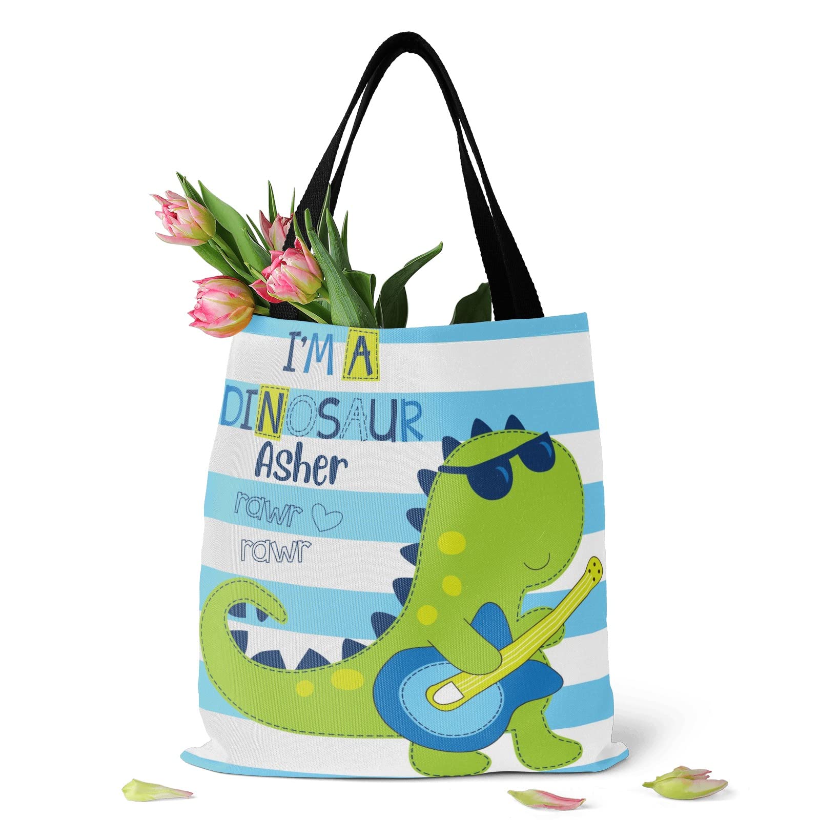 Dinosaur Pink Yellow Personalized Canvas Tote Bags - Reusable Shopping Bags for Women & Men, Eco-Friendly Grocery Tote, School Backpack & Travel Handbag Gift | Perfect for Grocery Shopping, Beach Trips & School Supplies