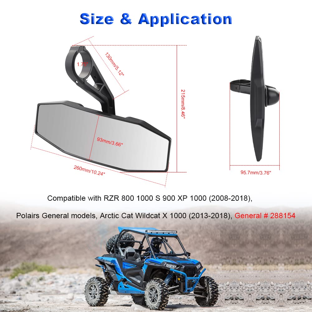 UTV Center Rear View Mirror for Polaris General RZR Ranger 570 900 1000 XP & Arctic Cat Wildcat (2015-2024) | 1.75
