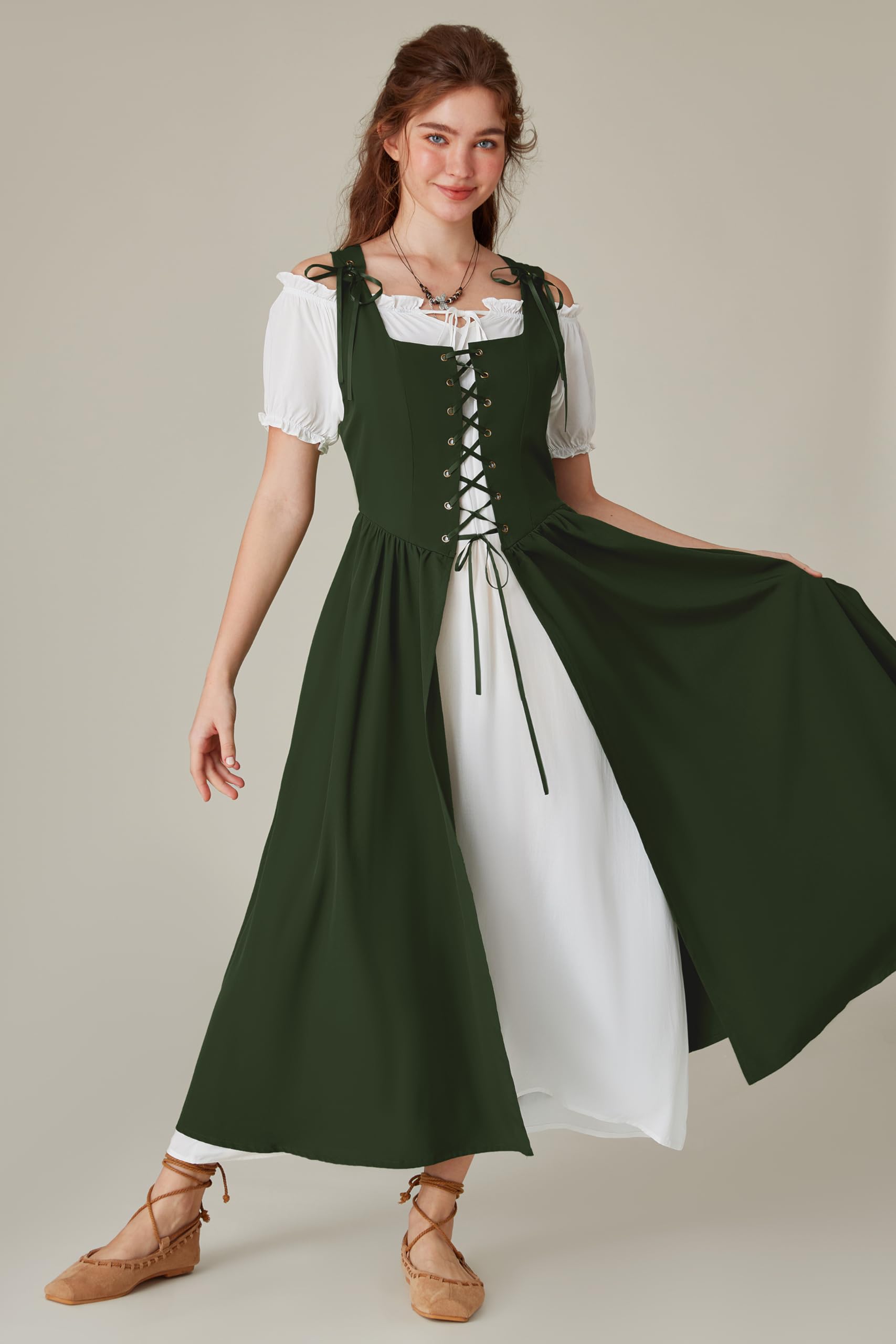 Scarlet Darkness Women's Renaissance Dress - Peasant Medieval Maxi Dress with Short Sleeves | Perfect for Renaissance Faires, Cosplay & Historical Reenactments