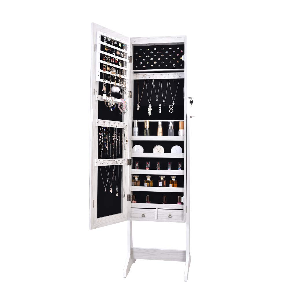 White Solid Wood Makeup Mirror Cabinet with 5 Layers & 2 Drawers - Jewelry Storage & Vanity Organizer for Bedroom