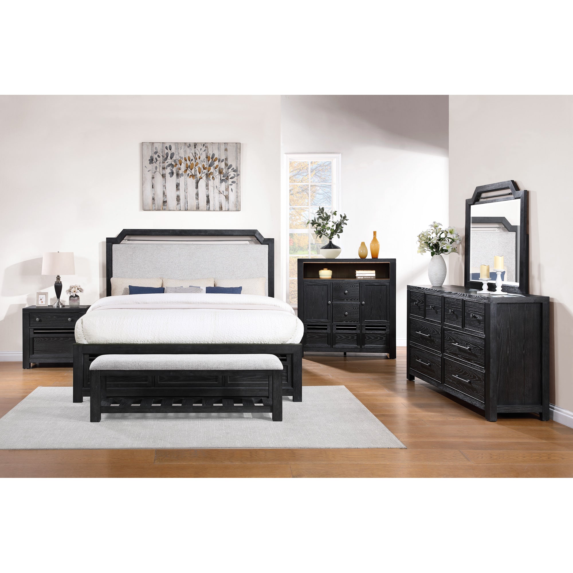 Midnight Valley 4-Piece Bedroom Set - Queen Size Bed Frame, Nightstand, Dresser & Mirror - Modern Bedroom Furniture for Home Decor | Perfect for Master Bedrooms, Guest Rooms & Apartments