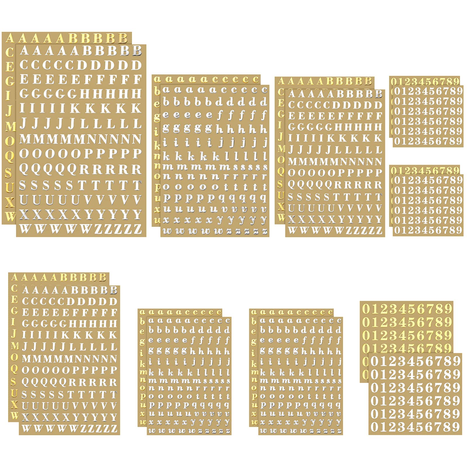 Outus 18 Sheets Small Letter Stickers - Mini Alphabet & Number Stickers, Self-Adhesive Monogram Letters for Scrapbooking, Arts & Crafts (Gold, Silver) - Perfect for DIY Projects, Card Making, and Home Decor