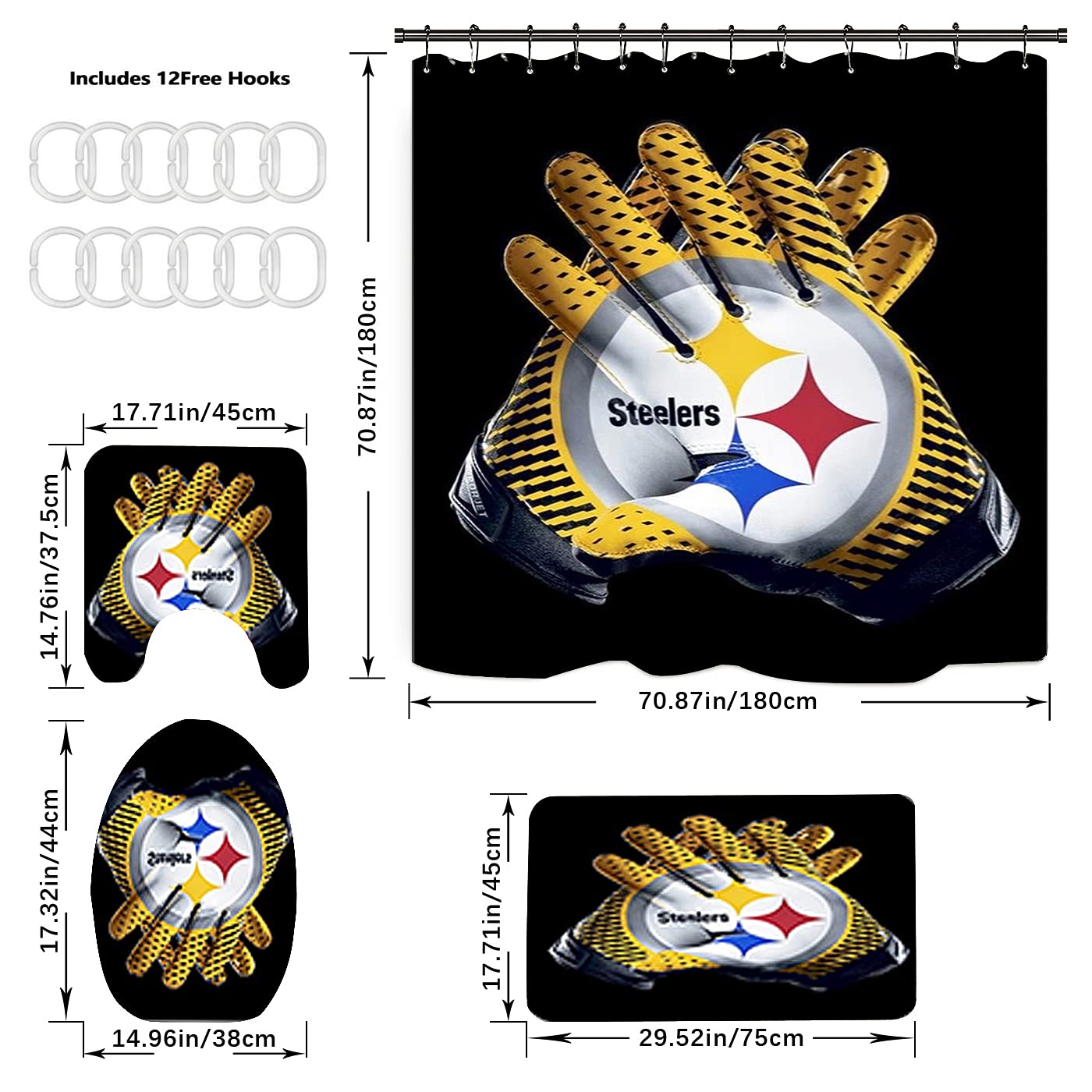 4-Piece Shower Curtain Set with Toilet Lid Cover, Non-Slip Bath Mat & Waterproof Shower Curtain with Hooks - American Football Sports Theme Bathroom Decor - Machine Washable for Home, Dorm, and Apartment Use