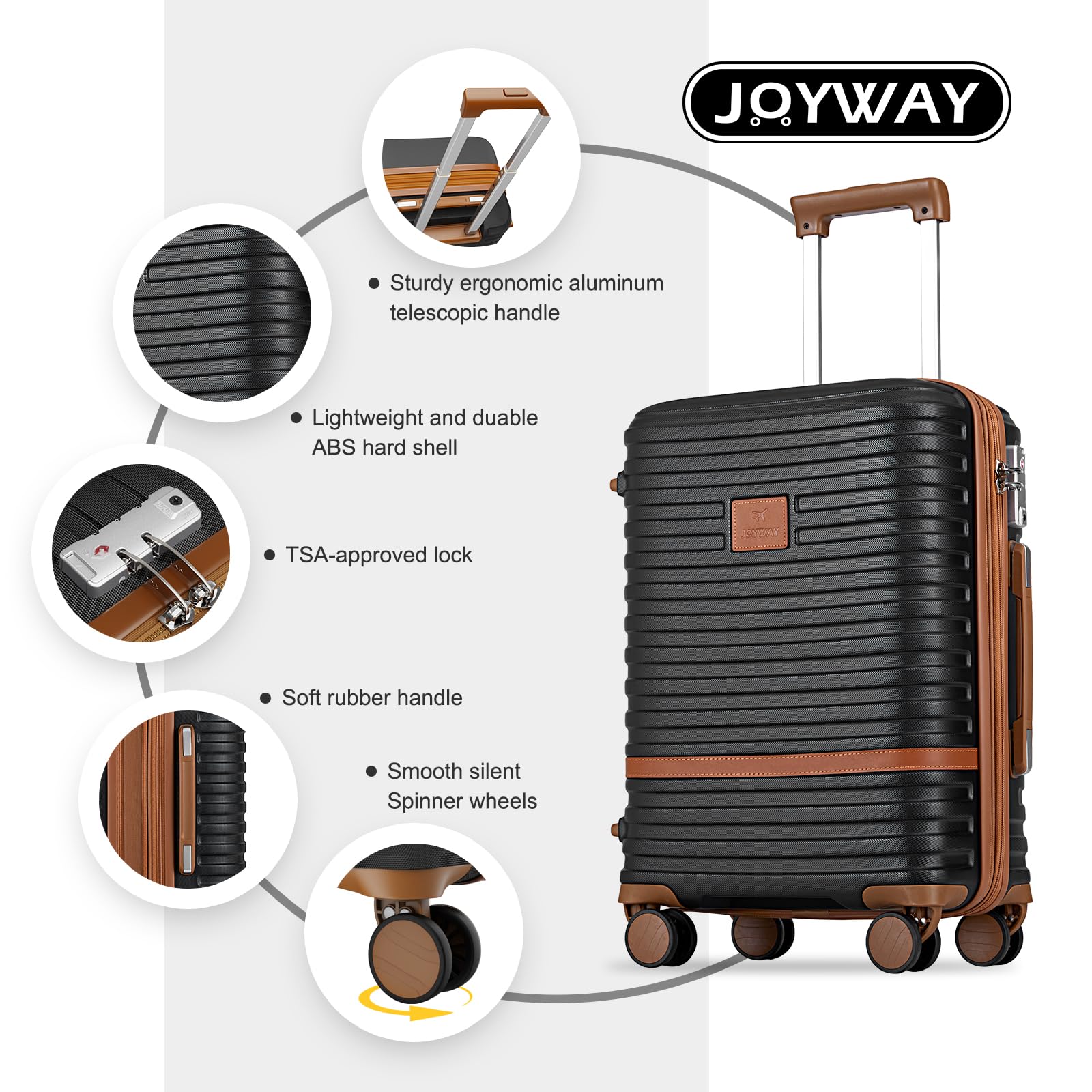 Joyway 7-Piece Hardside Luggage Set with Spinner Wheels & TSA Lock - Expandable Suitcase (18/20/24/28 Inch) in Black - Perfect for Family Vacations, Business Trips & International Travel