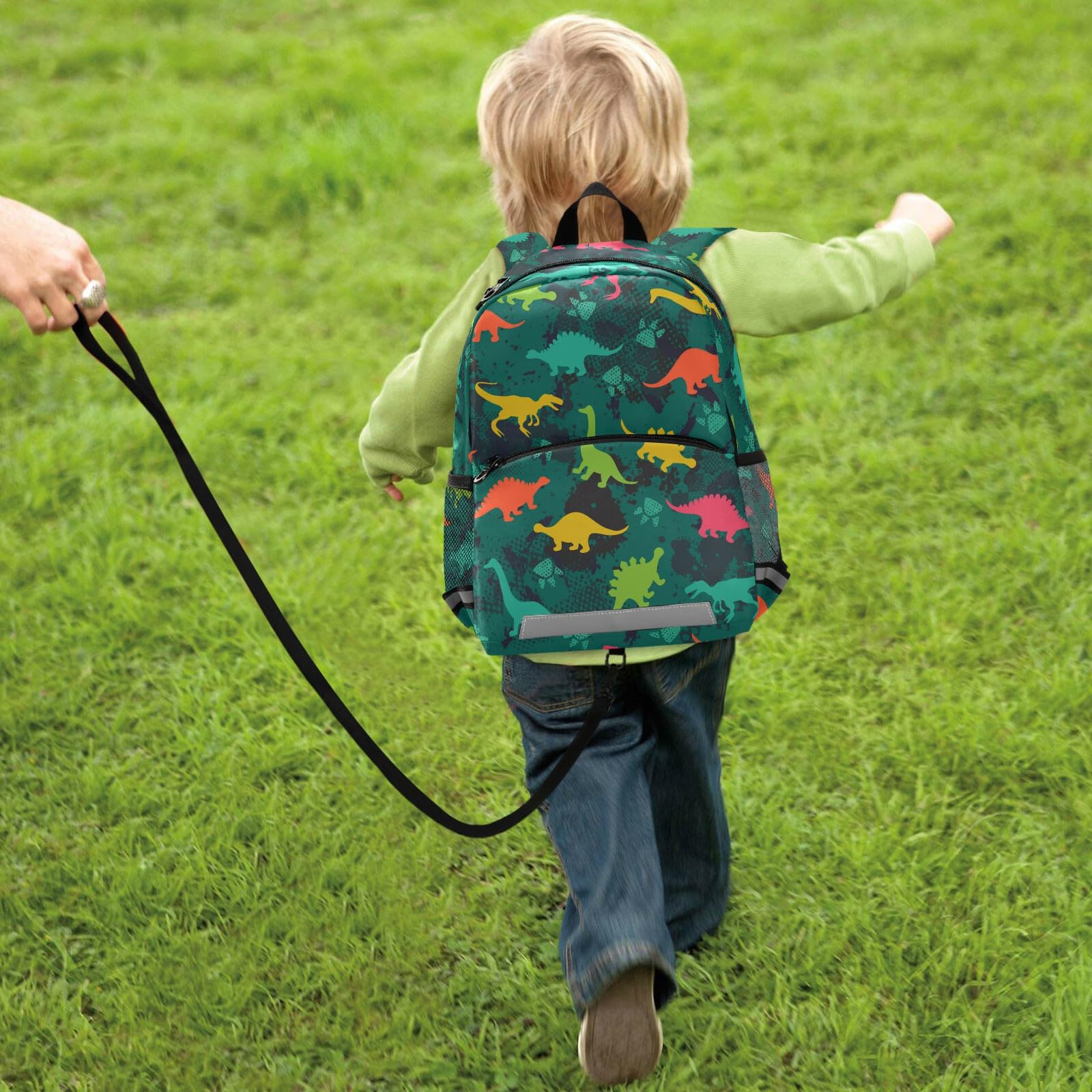 ZZKKO Dinosaur Themed Kids Backpack with Safety Leash - Anti-Lost Toddler Backpack for Boys & Girls, Preschool Daycare Bag (Green) - Perfect for School, Travel & Outdoor Adventures