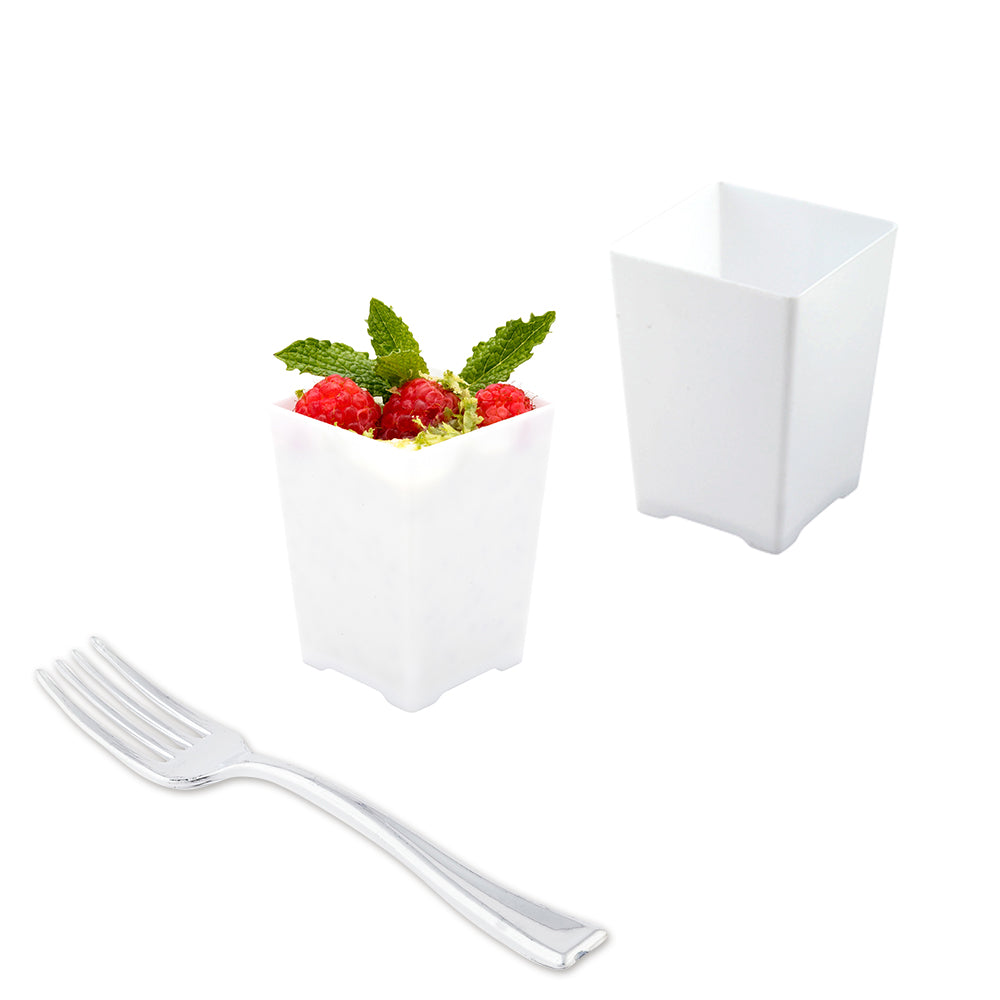 100 Pack 4 oz Square White Plastic Tall Quadrato Cups with 100 Silver Mini Plastic Forks - Perfect for Parties, Weddings, and Catering Events