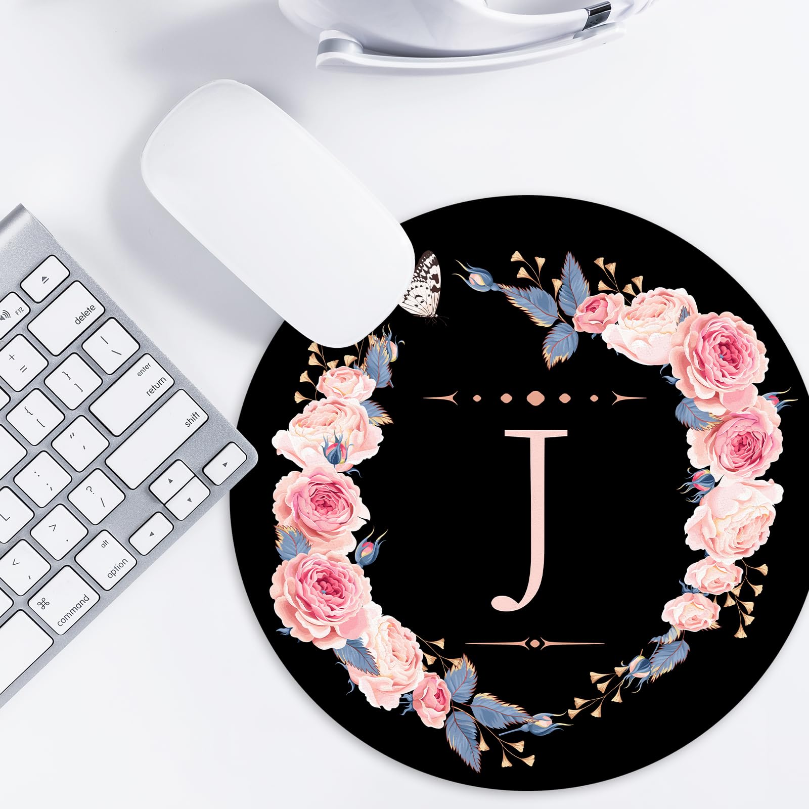 Black and Pink Floral Letter J Round Mouse Pad - Non-Slip Rubber Base, 8.7 Inch Cute Office Desk Accessory for Home & Work Computer Setup | Perfect Gift for Gamers and Professionals