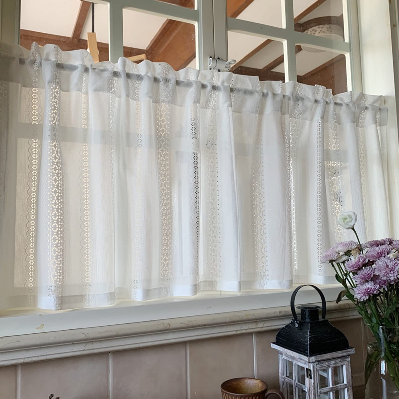 White Net Curtains - Short Semi-Transparent Kitchen & Cafe Window Drapes (60x90cm) | Country House Style Bistro Curtains for Kitchen, Living Room & Bedroom Decor