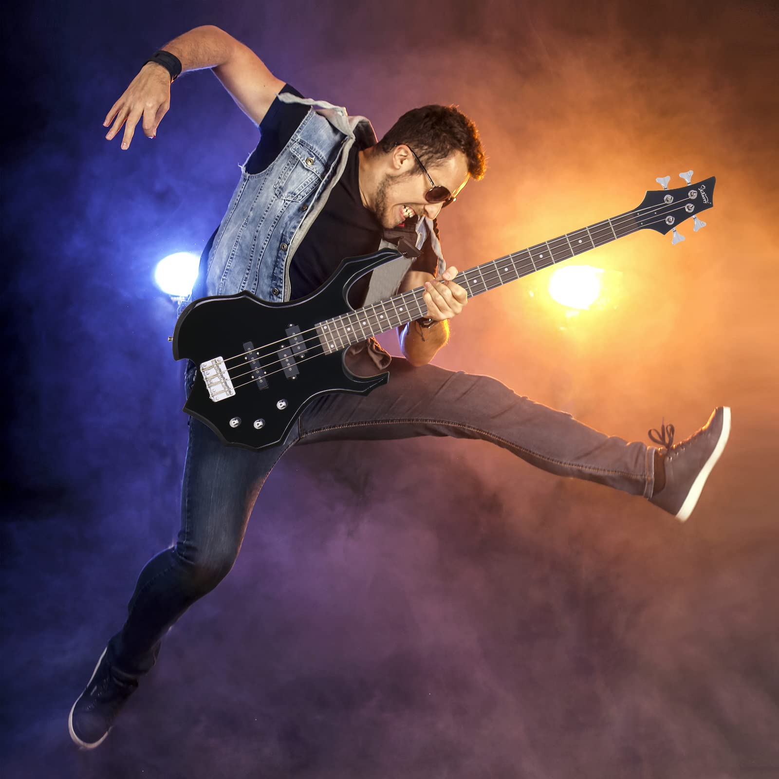 GLARRY Electric Bass Guitar 4 Strings - Burning Fire Style with Single Coil & Split Pickups for Beginners & Adults (Right Hand) - Includes 20W Amp, Gig Bag, Strap & Cable (Black) - Perfect for Rock, Metal & Live Performances