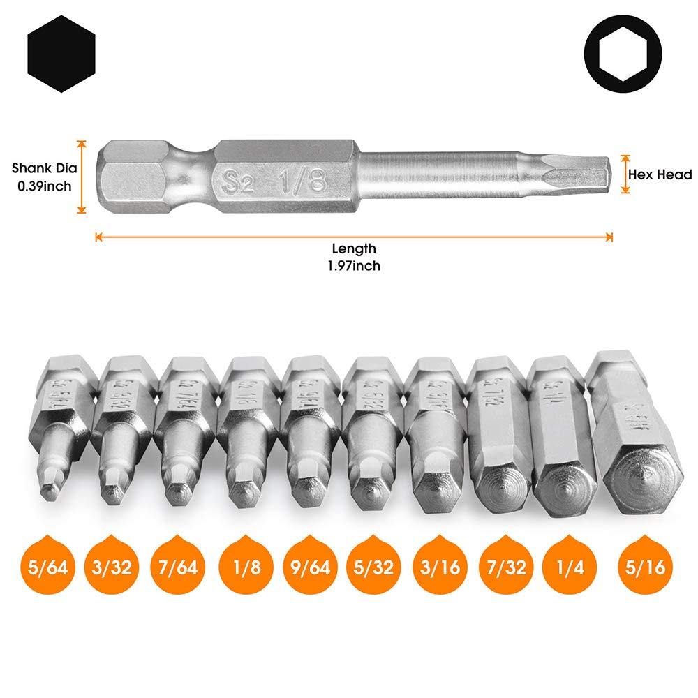 10-Piece Hex Wrench Set - 1/4 Inch Quick Release S2 Steel with Rust-Resistant Finish - Compatible with Electric Screwdrivers & Drills - Perfect for DIY Projects, Furniture Assembly, and Automotive Repairs