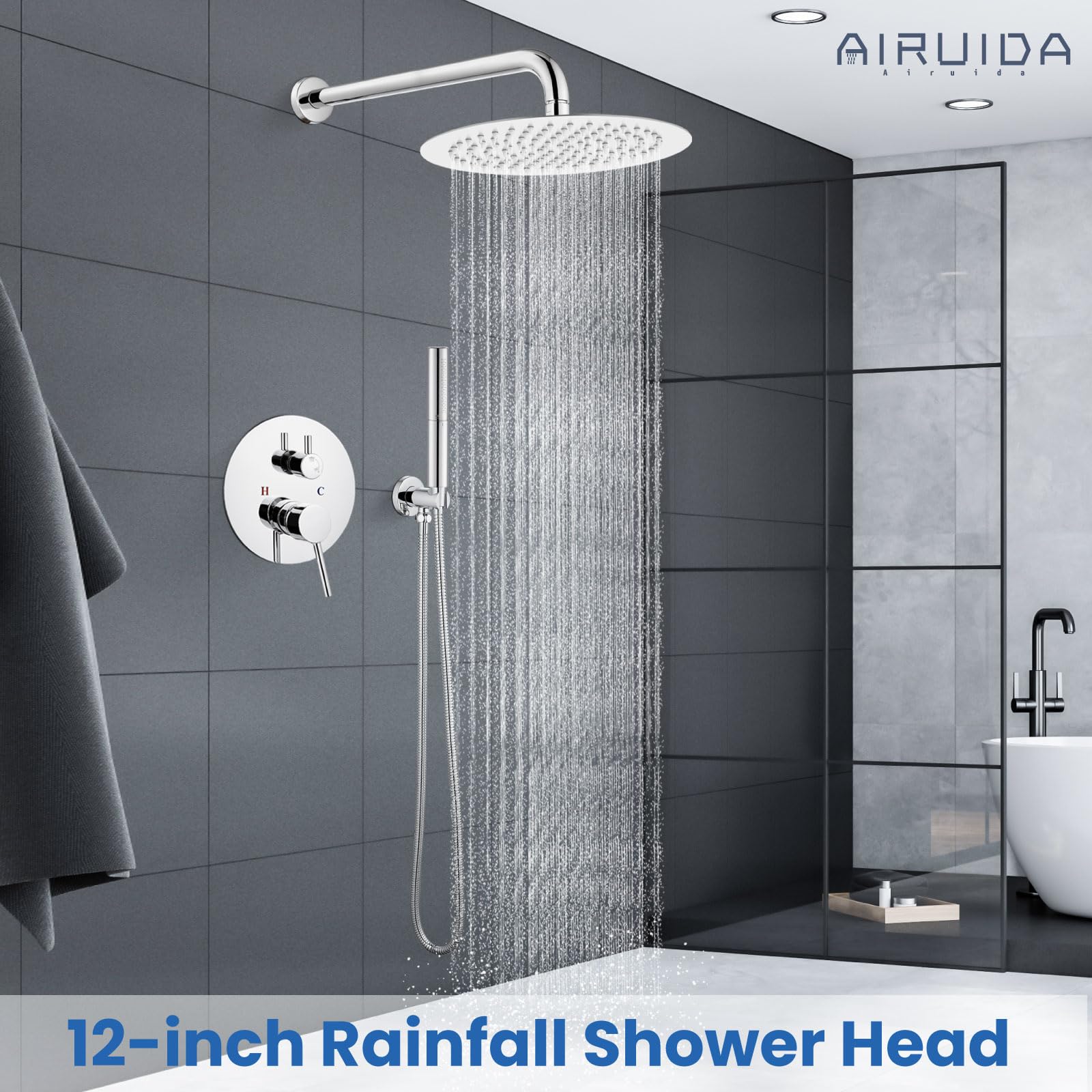 Airuida 2-Function Wall Mounted Shower Faucet Set - High Pressure Brass Handheld Shower with Rough-in Valve & 12 Inch Rainfall Round Shower Head in Chrome Polish for Bathroom | Perfect for Modern Home Spa Experience and Water-Saving Shower Solutions