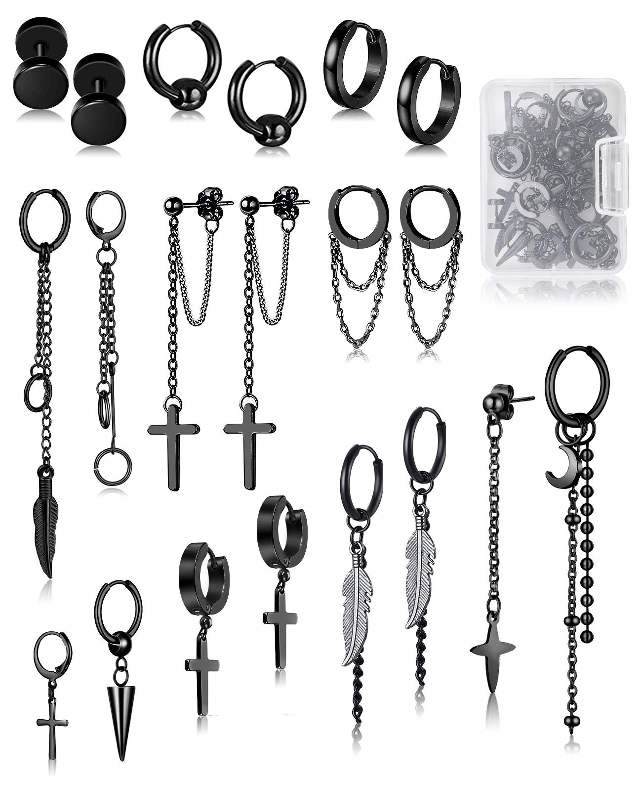 FIFATA 20-Piece Men's Earring Set - Black Stainless Steel Chain Hoop, Cross, Moon & Star Dangle Earrings for Men & Women | Hypoallergenic Body Jewelry for Everyday Wear, Parties & Gifts