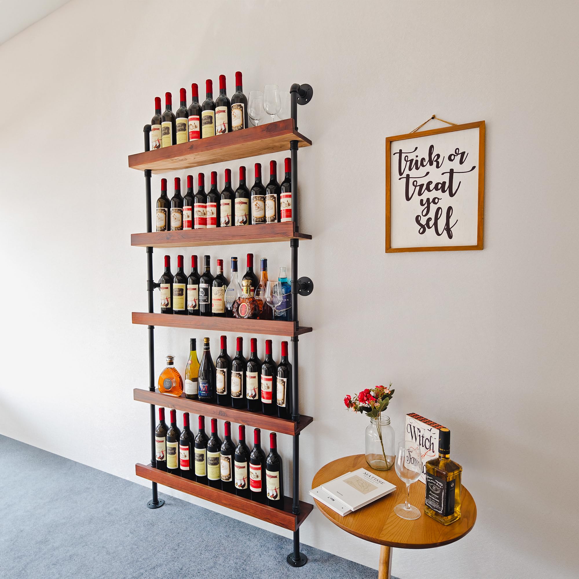 5-Tier Wall Mounted Wine Rack - Industrial Pipe Bar Shelf for Wine Bottle Storage, Rustic Brown Finish, 36.2x6.7x78.8 Inches - Perfect for Home Bar, Kitchen, Dining Room & Wine Cellar Organization