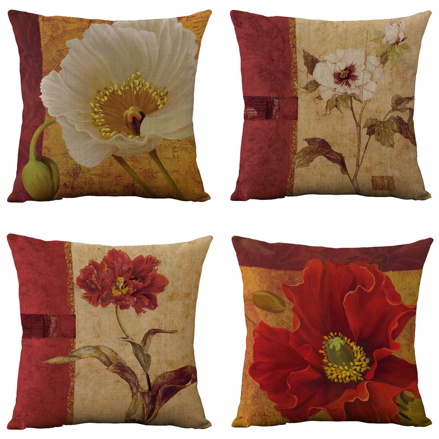 Vintage Floral Throw Pillow Covers Set of 4 - 18x18 Inch Burlap Decorative Cushion Cases for Sofa, Couch, Bedroom & Living Room - Red Flower Design (Perfect for Farmhouse, Boho & Rustic Home Decor)