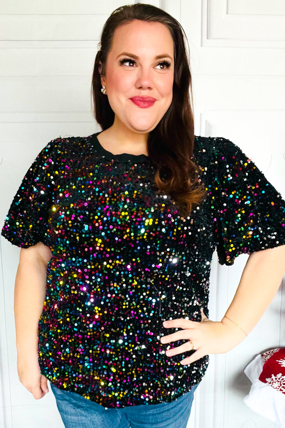 Black Velvet Multicolor Sequin Puff Sleeve Top for Women | Holiday Party & Christmas Outfit | Perfect for Festive Gatherings, NYE Celebrations & Special Occasions