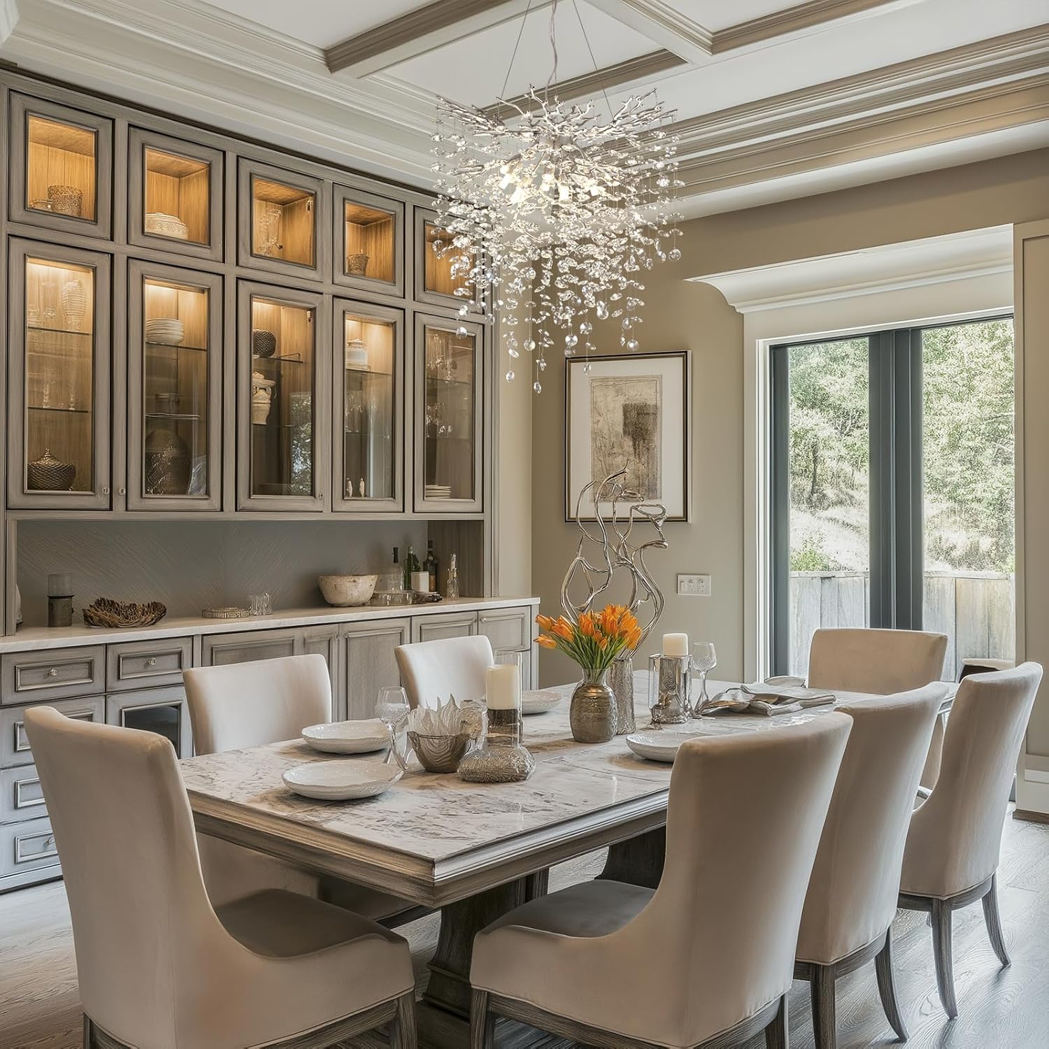 Modern Crystal Chandelier for Dining Room - Elegant Ceiling Light Fixture with LED Bulbs - Perfect for Home Decor, Wedding Venues & Luxury Restaurants