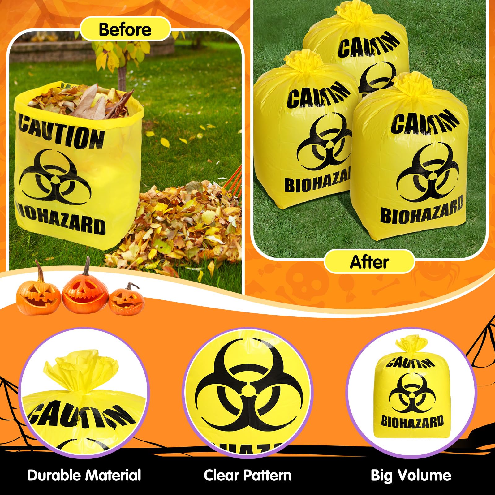 Qilery 8-Pack Large Halloween Leaf Trash Bags - Heavy Duty Plastic Lawn Waste Bags for Outdoor Fall Cleanup, Biohazard Party Decor, Zombie Themed Halloween Garden & Yard Waste Collection - Perfect for Halloween Parties, Yard Work, and Spooky Decorations