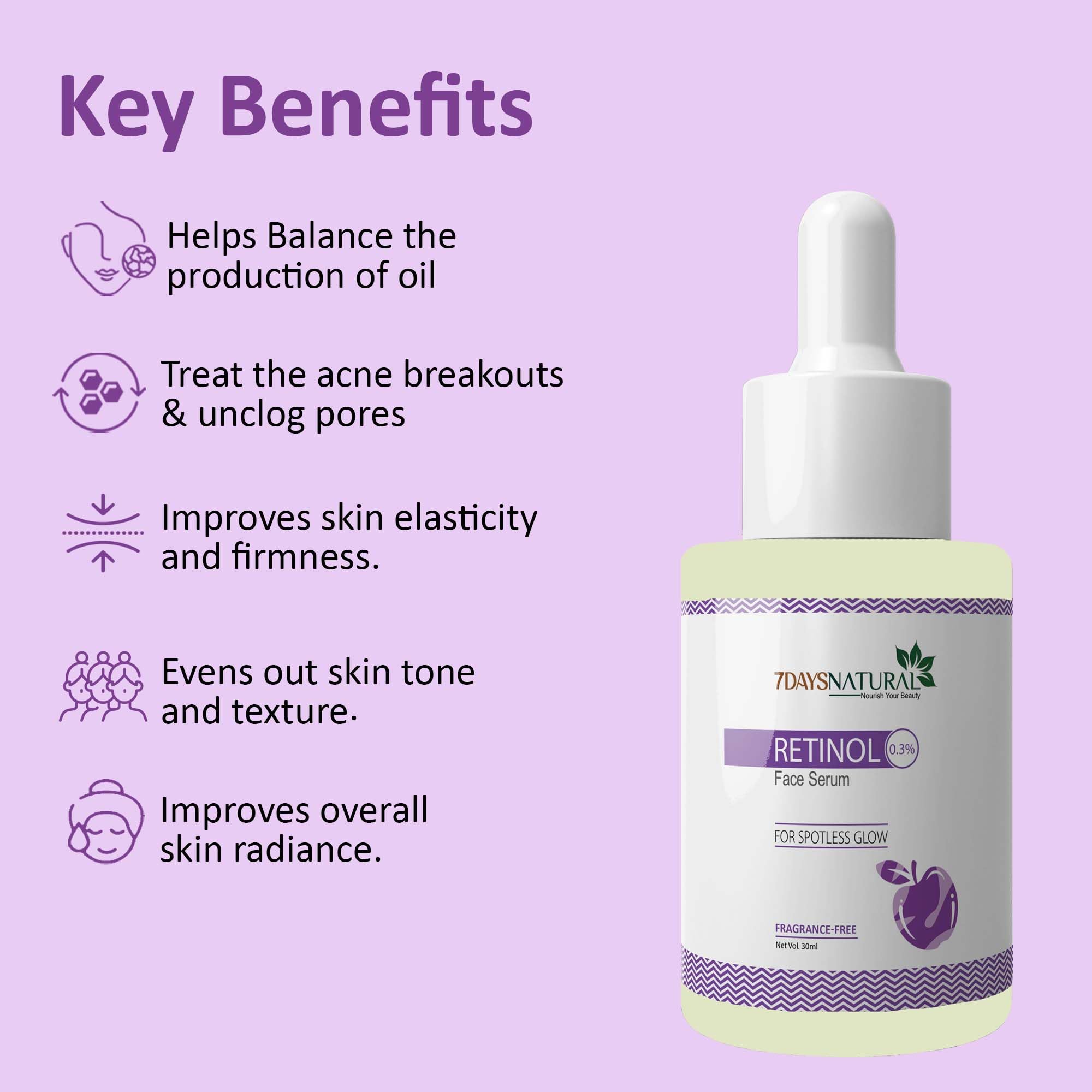 7 DAYS Natural 0.3% Retinol Face Serum for Glowing Skin - Anti-Aging Night Serum with Niacinamide & Hyaluronic Acid - Hydrating & Brightening Treatment for Men & Women (30ml) - Perfect for Nighttime Skincare Routine & Reducing Fine Lines