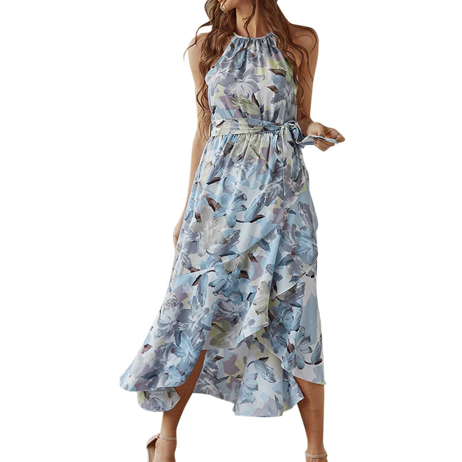 2022 Women's Summer Dresses - Sleeveless Sexy Casual Bandage Pleated Print Long Sundress, Loose Comfy Swing Dress for Beach, Party & Vacation | Trendy Floral Maxi Dress