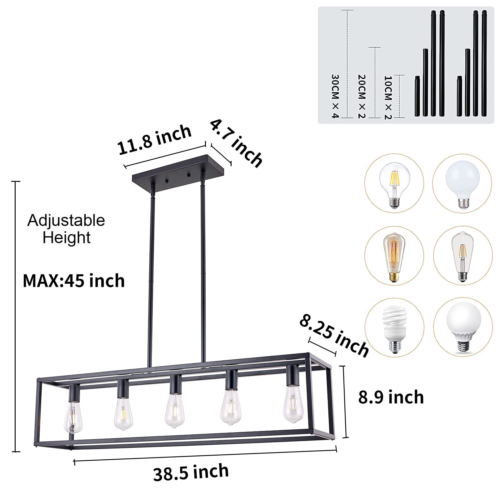 Farmhouse Rectangle Chandelier - Matte Black 5-Light Industrial Pendant Lighting for Dining Room & Kitchen | Rustic Ceiling Light Fixture Perfect for Farmhouse, Industrial & Modern Decor