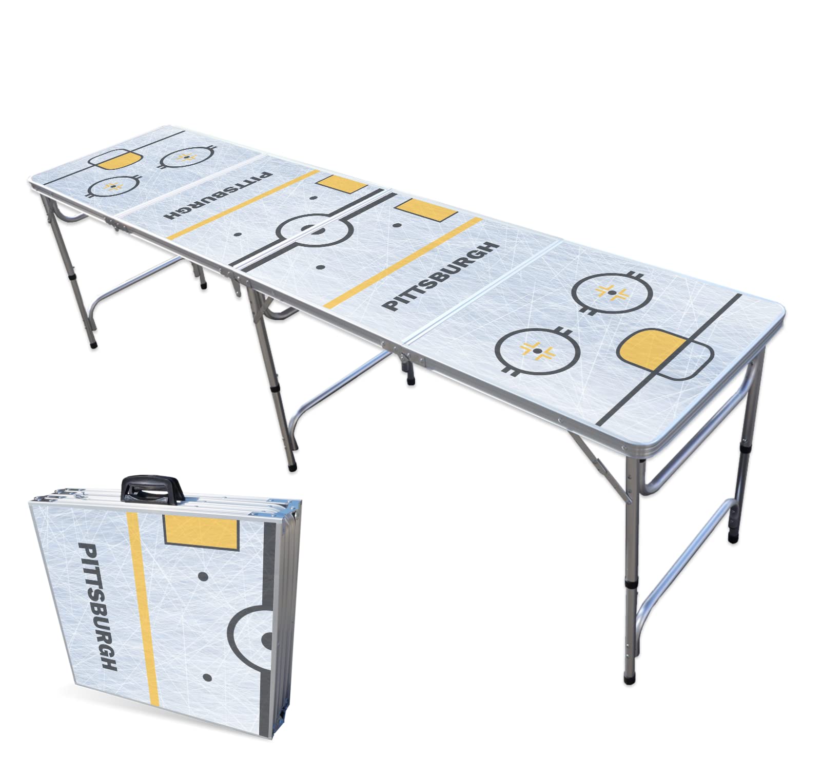 PARTYPONG 8-Foot Folding Portable Beer Pong Table with Optional Cup Holes & LED Lights - Pittsburgh Hockey Rink Design - Perfect for College Parties, Tailgating & Backyard Games (Choose Your Model)