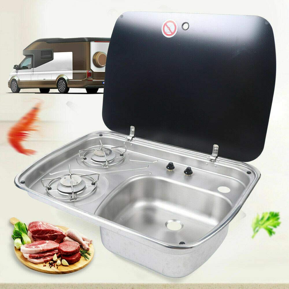 2 Burner Portable Gas Stove for RV, Camper & Boat - Black LPG Cooktop with Tempered Glass Lid & Sink Combo | Outdoor Cooking for Camping, Caravan & Motorhome Adventures