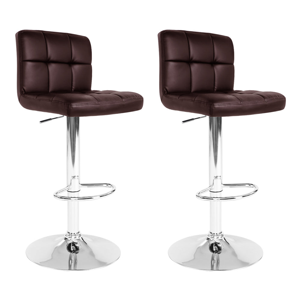 2 Brown Leather Bar Stools with Gas Lift Mechanism - Perfect for Kitchen Islands, Breakfast Bars & Home Bars