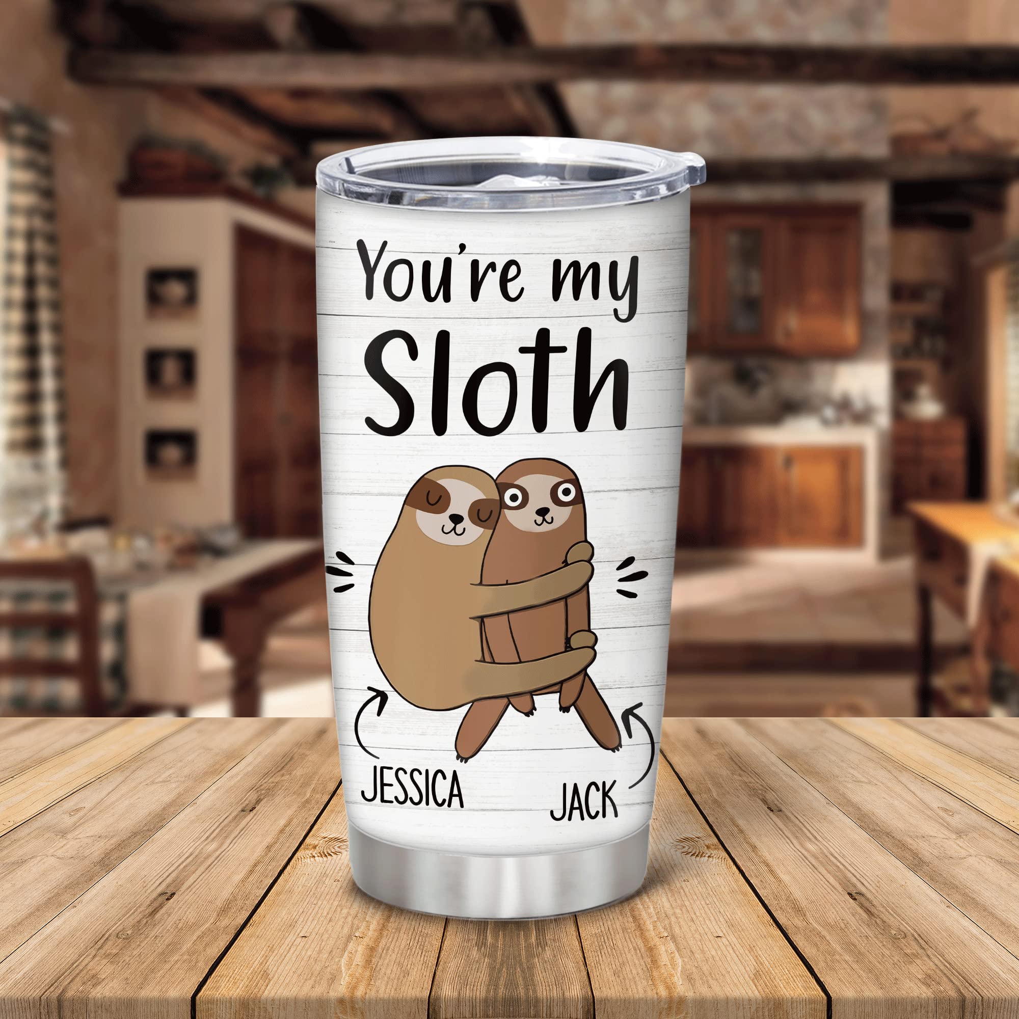 Custom Personalized Sloth Lovers Stainless Steel Tumbler 20oz with Lid - Engraved Couple Name Gift for Him & Her - Perfect Birthday, Christmas Present for Animal Lovers - Great for Coffee, Tea & Daily Use at Home, Office or Travel