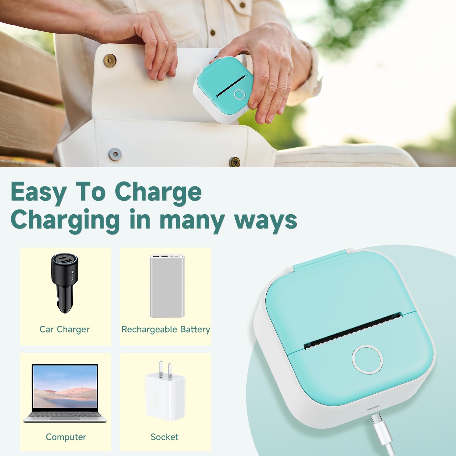 Odaro T02 Mini Thermal Sticker Printer - Portable Bluetooth Sticker Maker with 1 Roll Sticker Paper - Perfect for School Notes, Journals, Coloring Pictures & DIY Crafts - Green (Ideal for Home, Office & Classroom Use)