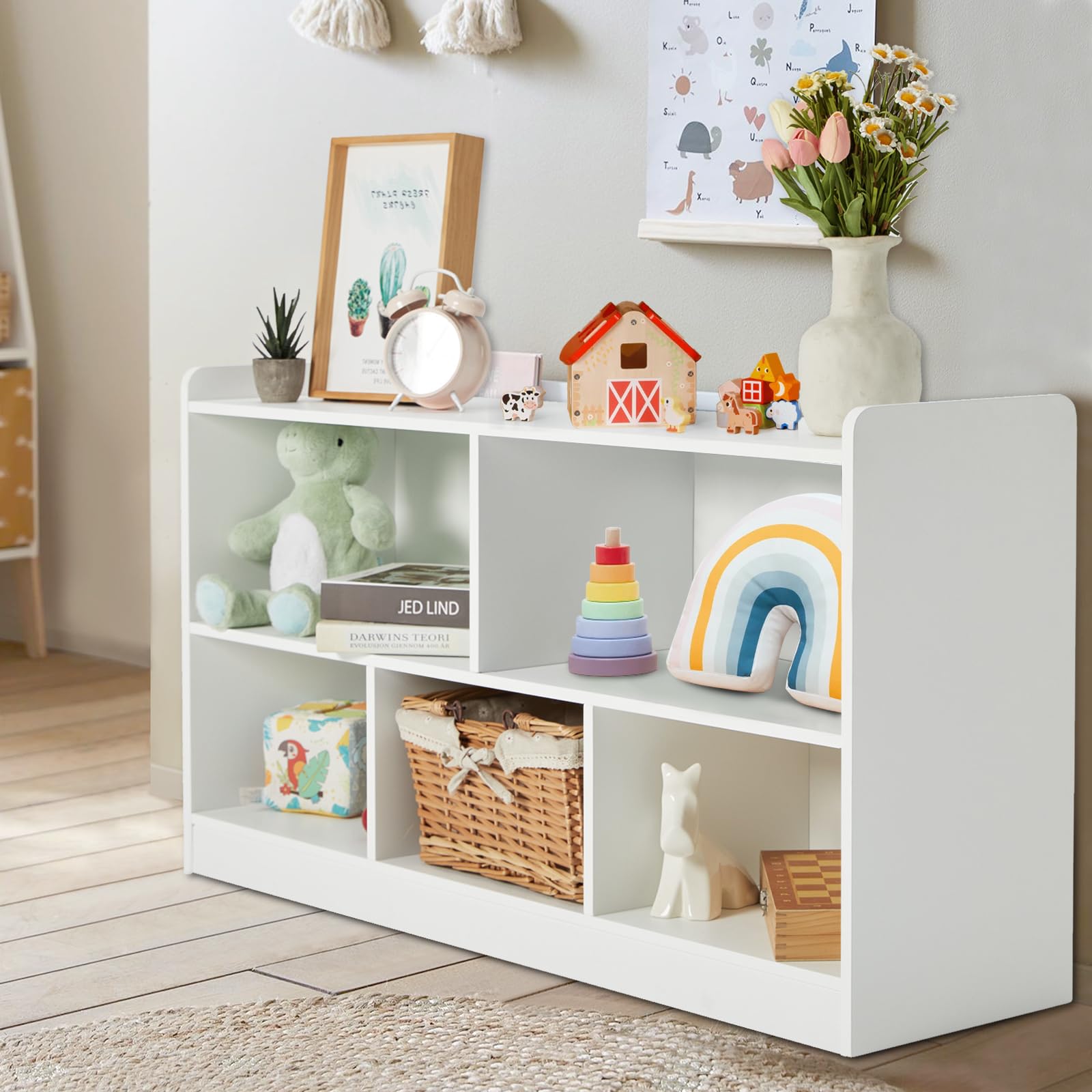 Montessori Wooden Toy Storage Organizer - 2 Shelf Bookcase & 5-Section Cabinet for Kids Books & Toys | Perfect for Toddler Rooms, Playrooms, Nurseries & Kindergartens | Organize & Display Educational Toys & Storybooks