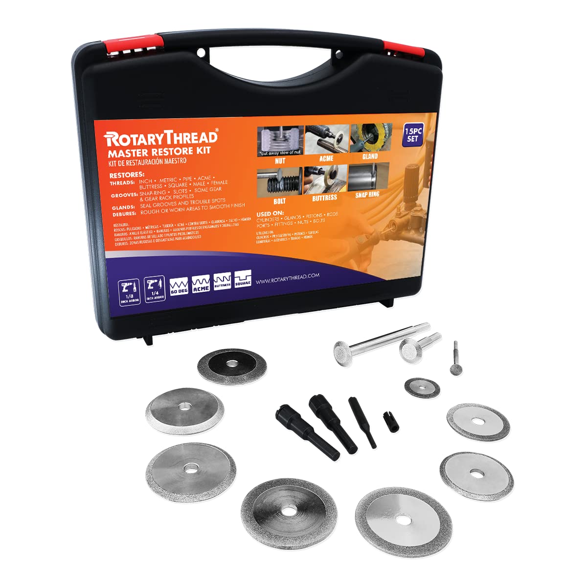 Rotary Thread 15-Piece Master Thread Repair Kit - Internal & External Thread Restorer for Inch, Metric, ACME, Buttress Threads | Fix Damaged Threads on Bolts, Nuts, Pipes | Ideal for Automotive, Plumbing & DIY Repairs